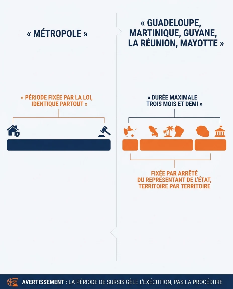 Infographie illustrant : Schéma comparatif en deux colonnes illustrant le régime de sursis aux expulsions. Colonne de gauche intitulée Métropole . Article Mouve