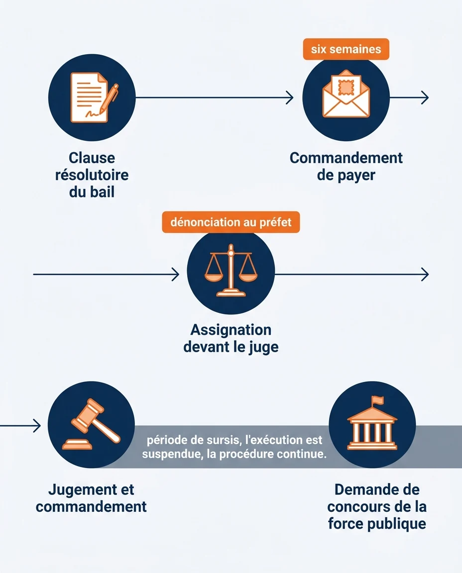 Infographie illustrant : Frise horizontale en cinq étapes représentant la chaîne de recouvrement d un loyer impayé pour un bailleur ultramarin, d. Article Mouve
