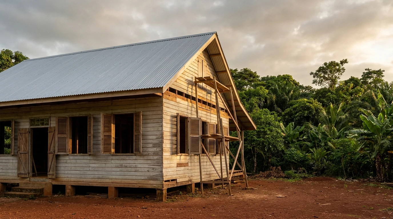 Maison créole guyanaise ancienne en cours de rénovation, bardage bois et toiture bac acier à large débord, illustrant la réhabilitation de biens en Guyane