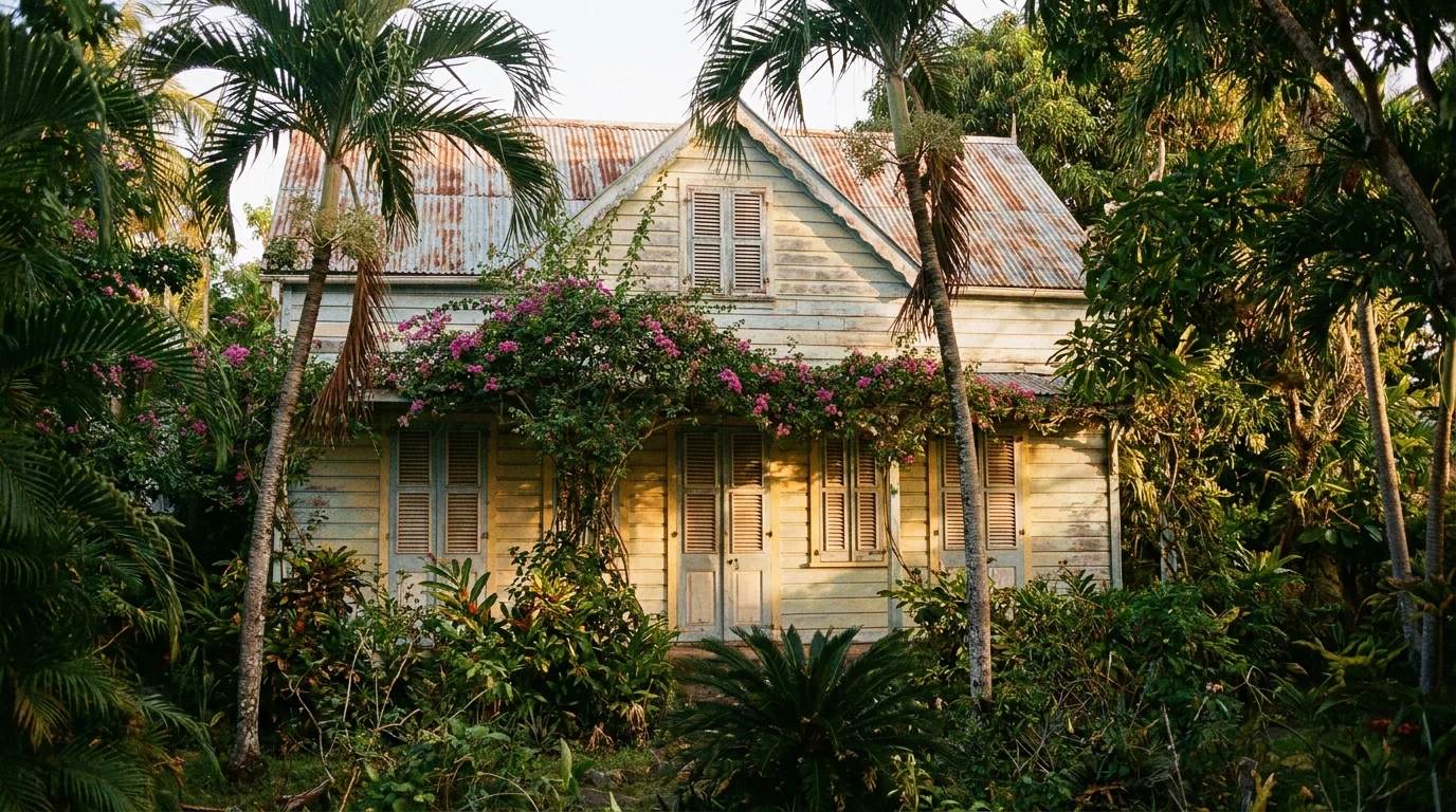 Maison créole traditionnelle aux volets clos entourée de végétation tropicale, illustrant la transmission et la succession d un bien immobilier en outre-mer
