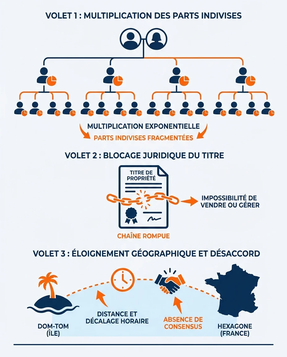 Infographie illustrant : Schéma pédagogique en trois volets illustrant la mécanique de blocage d une succession immobilière outre-mer. Volet 1 : . Article Mouve