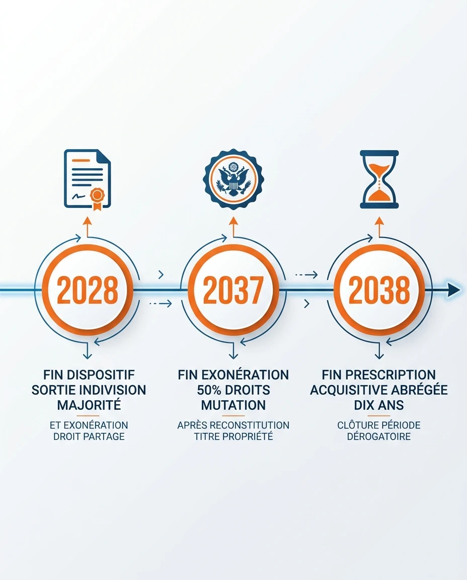Infographie illustrant : Frise chronologique horizontale présentant trois échéances datées du droit successoral ultramarin : 31 décembre 2028 (fi. Article Mouve