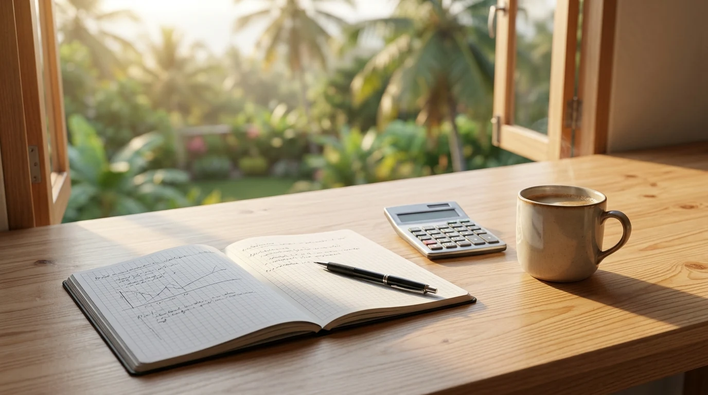 Bureau de travail près d une fenêtre ouverte sur la végétation tropicale, carnet et calculatrice, illustrant le suivi mensuel des KPI d un investissement locati