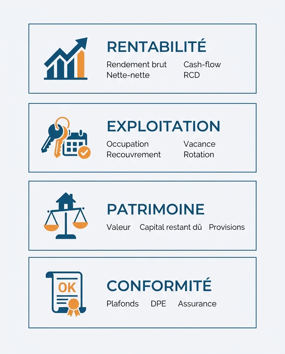 Infographie illustrant : Schéma en quatre blocs horizontaux représentant l architecture d un tableau de bord d investisseur immobilier outre-mer . Article Mouve