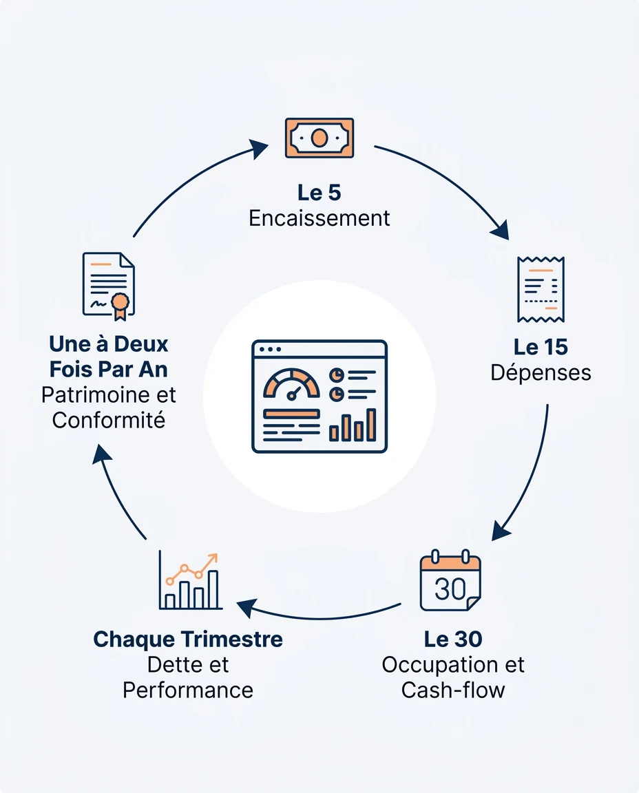 Infographie illustrant : Frise circulaire représentant le rituel de suivi mensuel d un investisseur immobilier outre-mer, en cinq stations dans l. Article Mouve